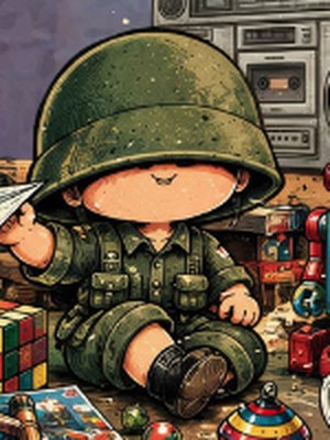 Illustrated toy soldier in an oversized helmet holding a paper plane