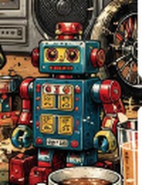 Illustrated blue and red tin robot toy