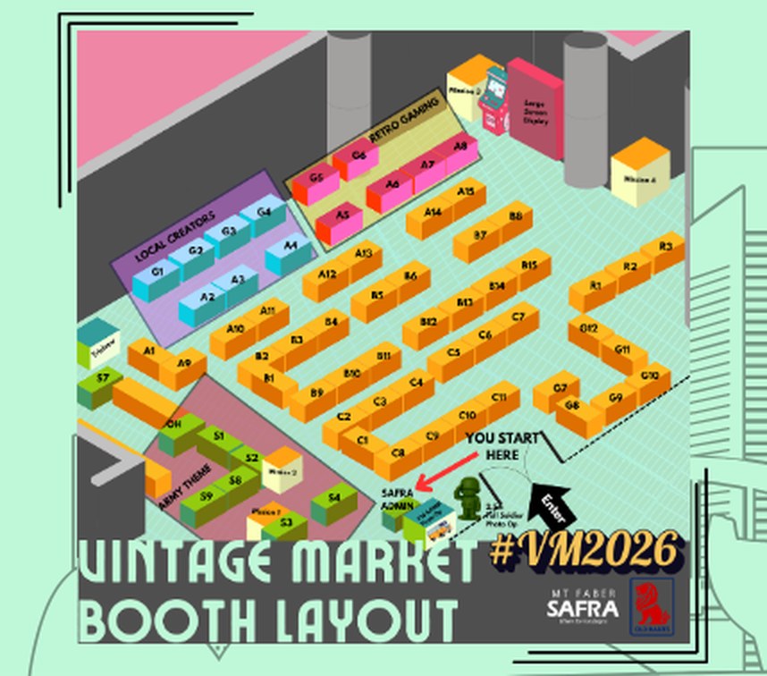 Isometric booth layout of Vintage Market showing Local Creators, Retro Gaming and Army Theme zones, with the entrance and SAFRA admin booth at the bottom right