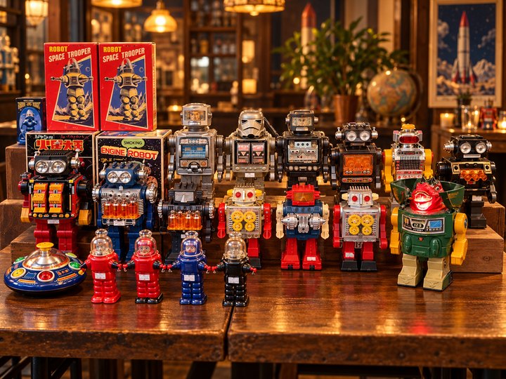Rows of vintage tin and battery-operated robots